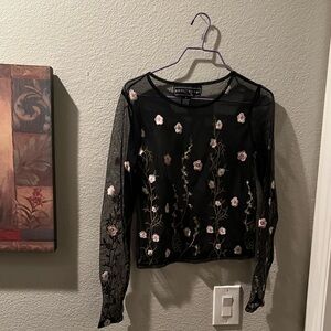 Polly & Esther Black Mesh Top with Pink Floral Embroidery NWOT
